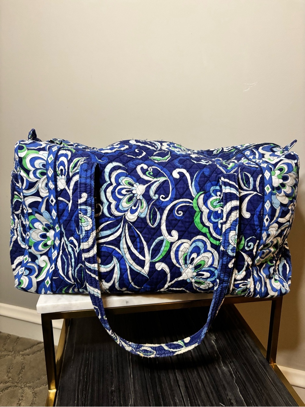 Vera Bradley Mediterranean Blue retired large duffel blue white green